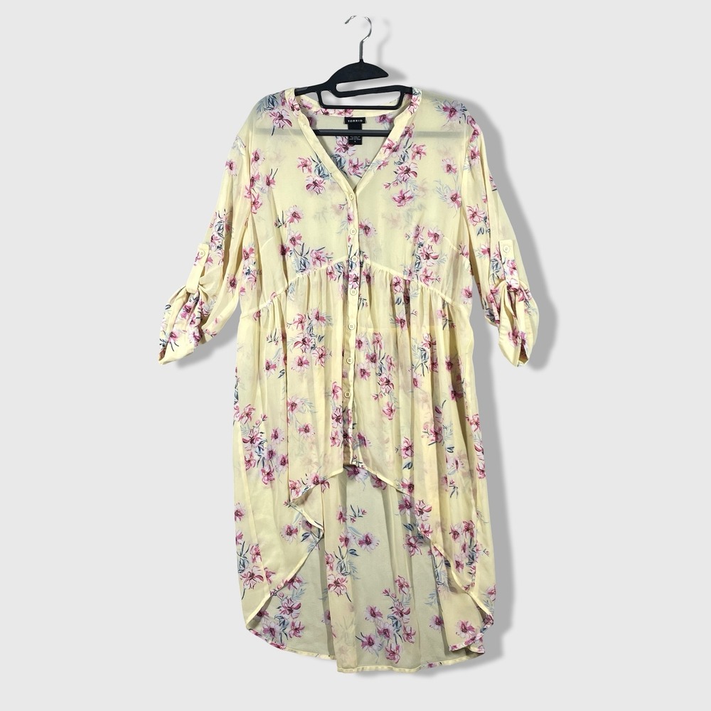 Torrid Floral Chiffon Tunic Top Womens Size 0X Yellow Cottagecore Boho Romantic